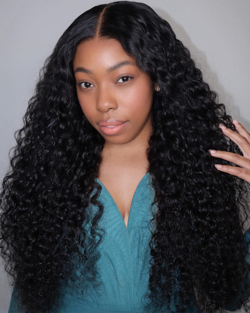 Natural Black Wig Long Curly Hair 13x4 Transparent Lace Frontal Wig Pre Plucke Real Human Hair-Alididi