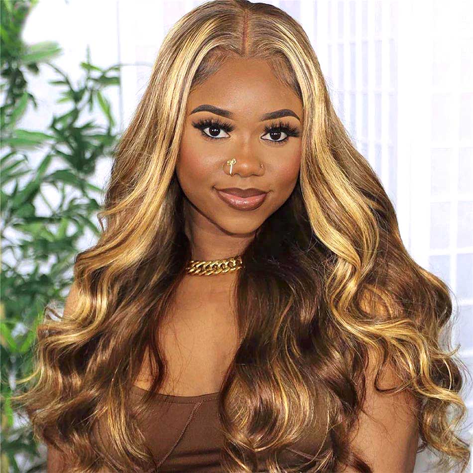 Clearance Sale:Body Wave Honey Blonde Highlight Ombre Middle Part Lace Front Wigs Pre Plucked with Baby Hair