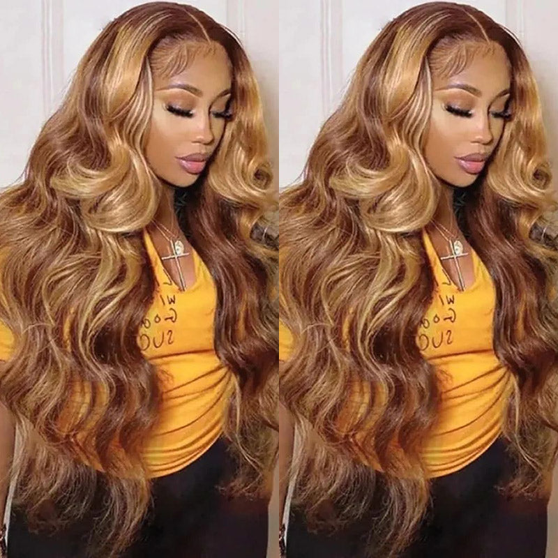 {Super Deal} $199=30'' Body Wave #4/27 Honey Blonde Highlight 13x4 HD Transparent Lace Frontal Wigs Pre Plucked-Alididihair