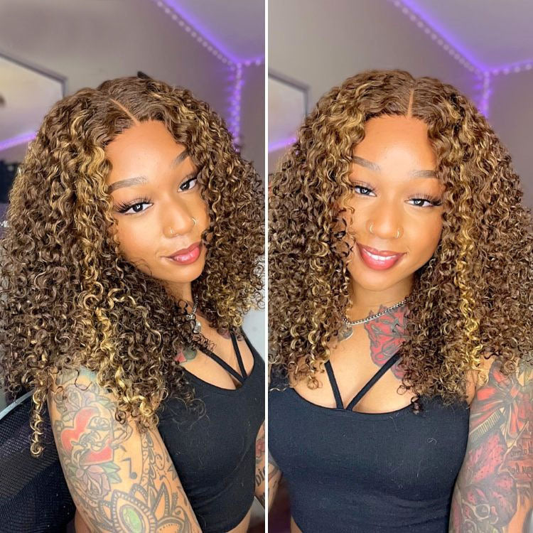 Under $100 | Alididi Short Bob Wig Honey Blonde Highlight #4/27 Curly Human Hair Wig 4x4/13x4 Lace Frontal Wig Super Deal