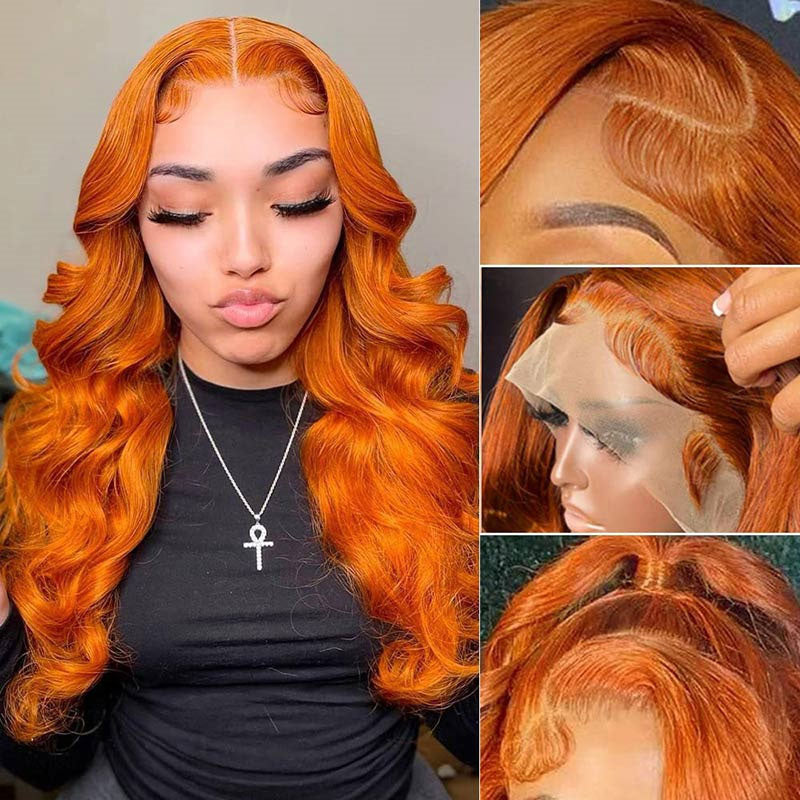 Clearance Sale:Ginger Orange Color Body Wave/Straight Hair 13x6 Transparent Lace Front Wig Human Hair