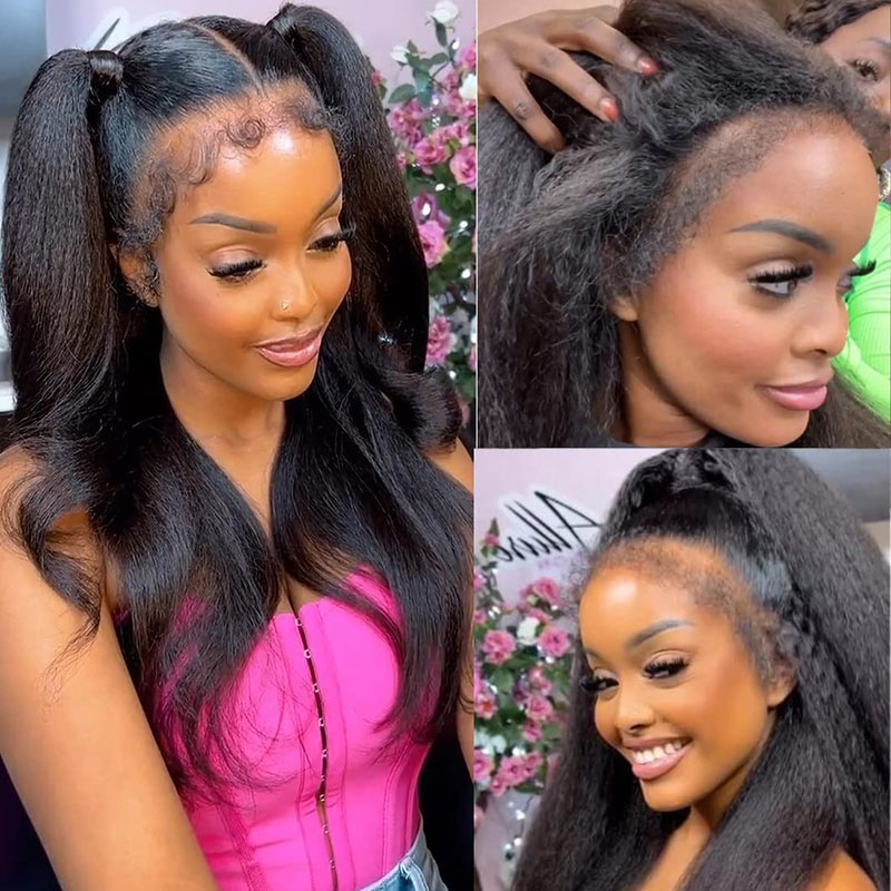 Natural 4C Edges Kinky Straight 13x4 Transparent Lace Front Wig With 4C Hairline Kinky Edges-AlididiHair