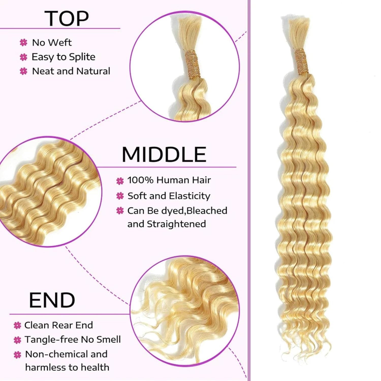 613 Blonde Human Hair No Weft Deep Wave Bulk Hair for Braiding  Hair Extensions for Boho Braids Micro Braiding(70g/bundle)