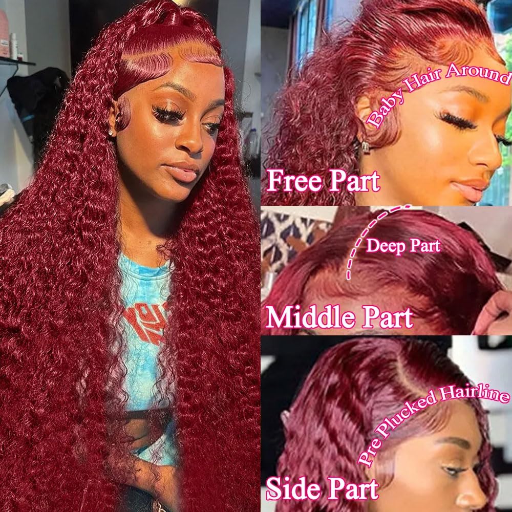 99J Burgundy Color 13x4 HD Lace Front Wigs Pre Plucked Long Curly Virgin Human Hair Wigs