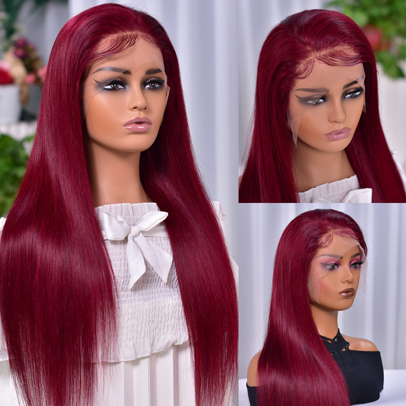 {Super Deal} Long Straight Hair 99J Burgundy 13x4 HD Transparent Lace Frontal Wigs Pre Plucked-Alididihair