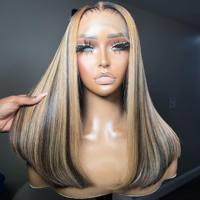 Alididi Honey Blonde Highlight Bob Wig 13x4 HD Lace Frontal Wig Straight Human Hair Pre Plucked For Women