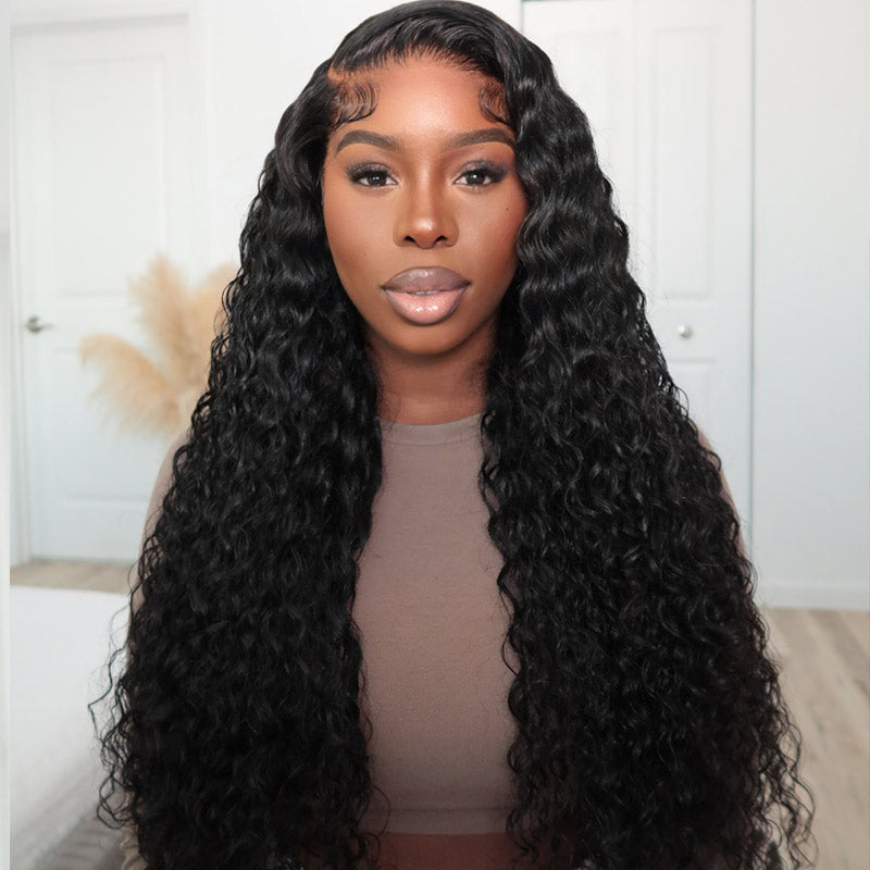 Natural Black Wig Long Curly Hair 13x4 Transparent Lace Frontal Wig Pre Plucke Real Human Hair-Alididi