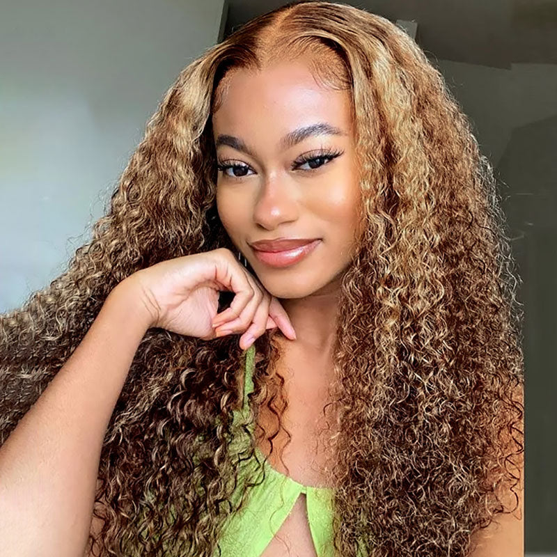 {Super Deal} 180% Density 13x4 Curly Honey Blonde Highlight Lace Front Wig-Alididihair