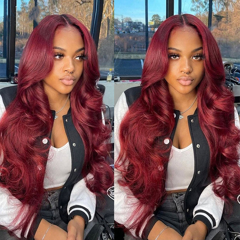 Clearance Sale:99J Burgundy Straight Hair/Body Wave T Part Lace Front Human Hair Wigs Pre Plucked with Baby Hair