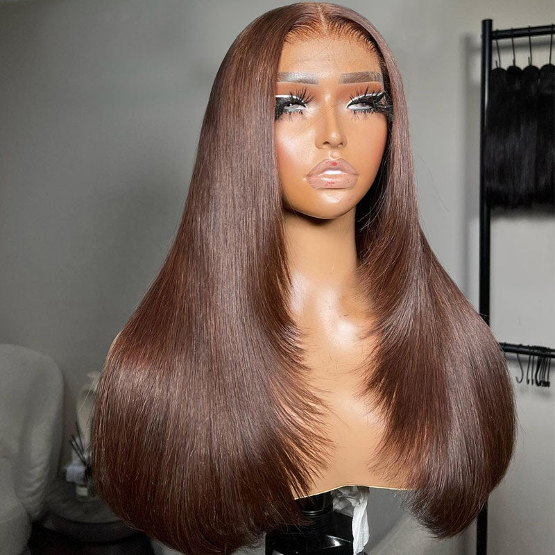 Brown Straight Hair 13x4 HD Transparent Lace Frontal Wig Pre Plucked Hairline 100% Human Hair Wig-Alididihair