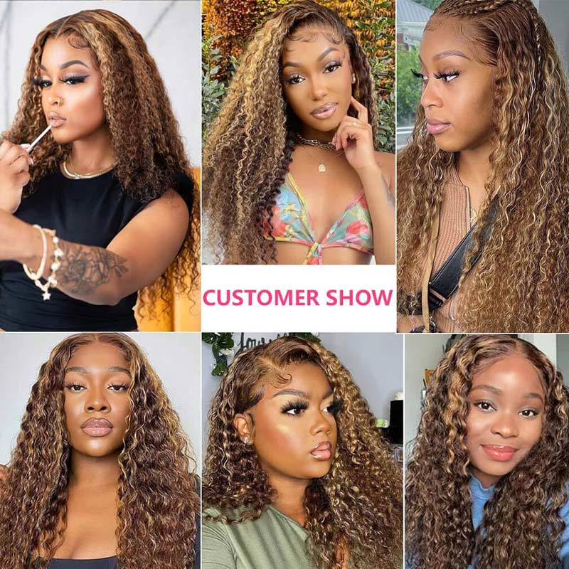 Honey Blonde Highlight #4/27 Curly Wig 13x4 HD Transparent Lace Frontal Wig Real Human Hair Wigs-Alididihair