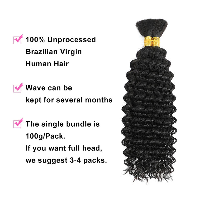 Deep Wave Bulk Human Hair for Braiding No Weft Bundle Brazilian Virgin Curly Human Hair Extensions for Boho Braids(50g/bundles)