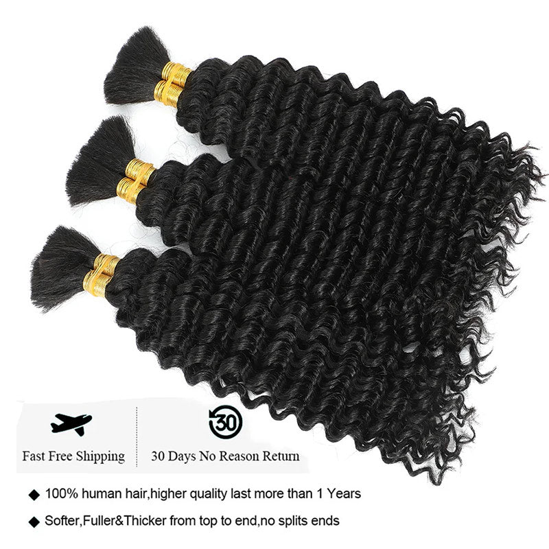 Deep Wave Bulk Human Hair for Braiding No Weft Bundle Brazilian Virgin Curly Human Hair Extensions for Boho Braids(50g/bundles)