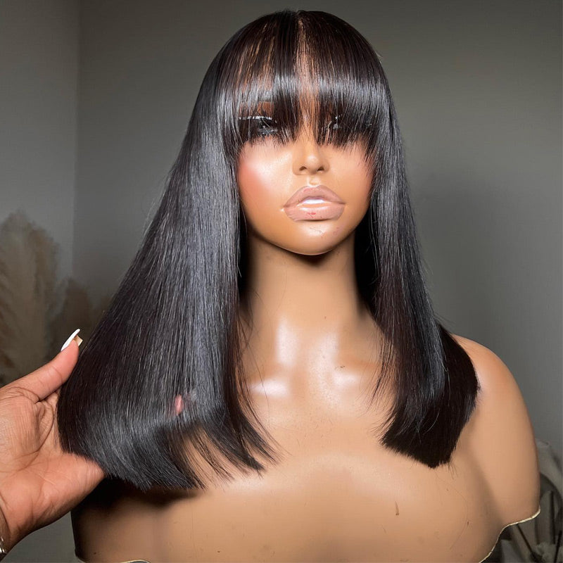 Flash Sale:Short Straight Bob Wig With Bangs Natural Black Hair 100% Human Hair Wig
