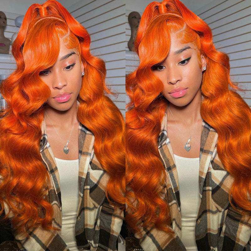 Clearance Sale:Ginger Orange Color Body Wave/Straight Hair 13x6 Transparent Lace Front Wig Human Hair