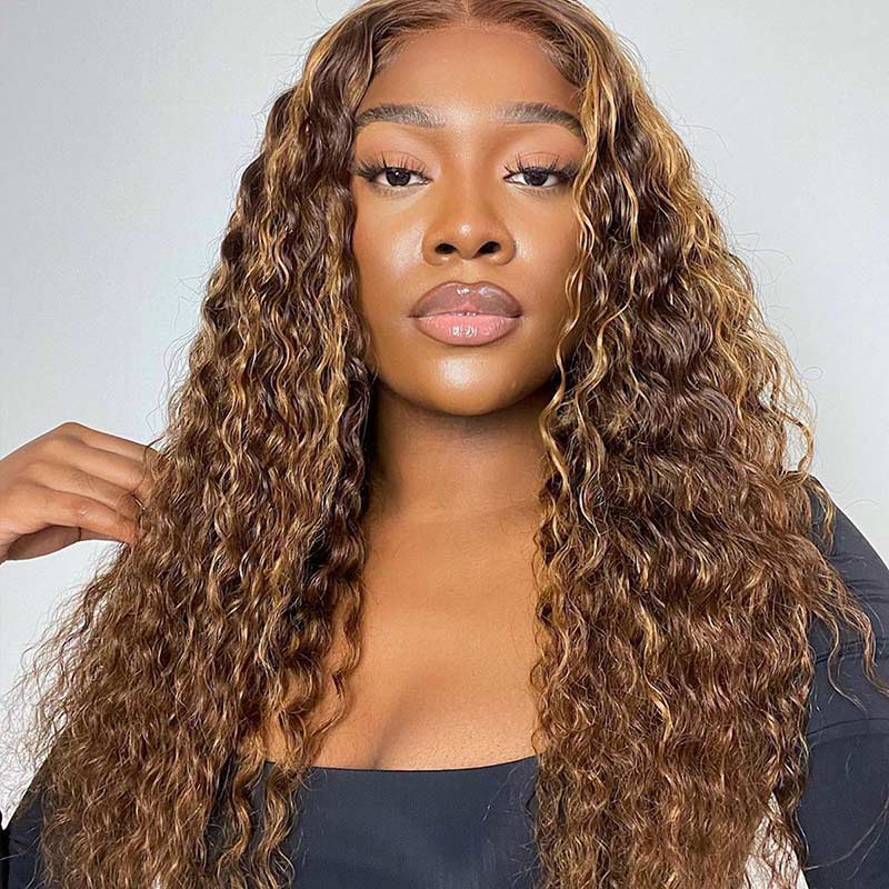 Alididi Water Wave #4/27 Honey Blonde Highlight Wig 13x4 HD Transparent Lace Frontal Wig Pre Plucked Real Human Hair Wig