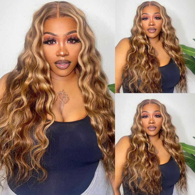 Clearance Sale:Body Wave Honey Blonde Highlight Ombre Middle Part Lace Front Wigs Pre Plucked with Baby Hair