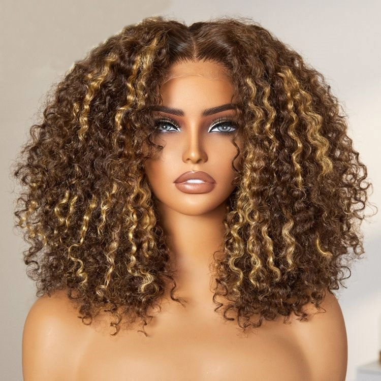 Under $100 | Alididi Short Bob Wig Honey Blonde Highlight #4/27 Curly Human Hair Wig 4x4/13x4 Lace Frontal Wig Super Deal