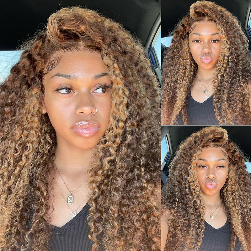 Honey Blonde Highlight #4/27 Curly Wig 13x4 HD Transparent Lace Frontal Wig Real Human Hair Wigs-Alididihair