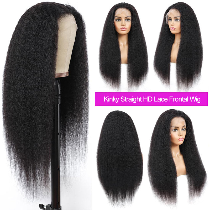 Alididi Kinky Straight 13x6 Real Swiss HD Lace Front Wig Brazilian Virgin Human Hair Wigs For Women Natural Black