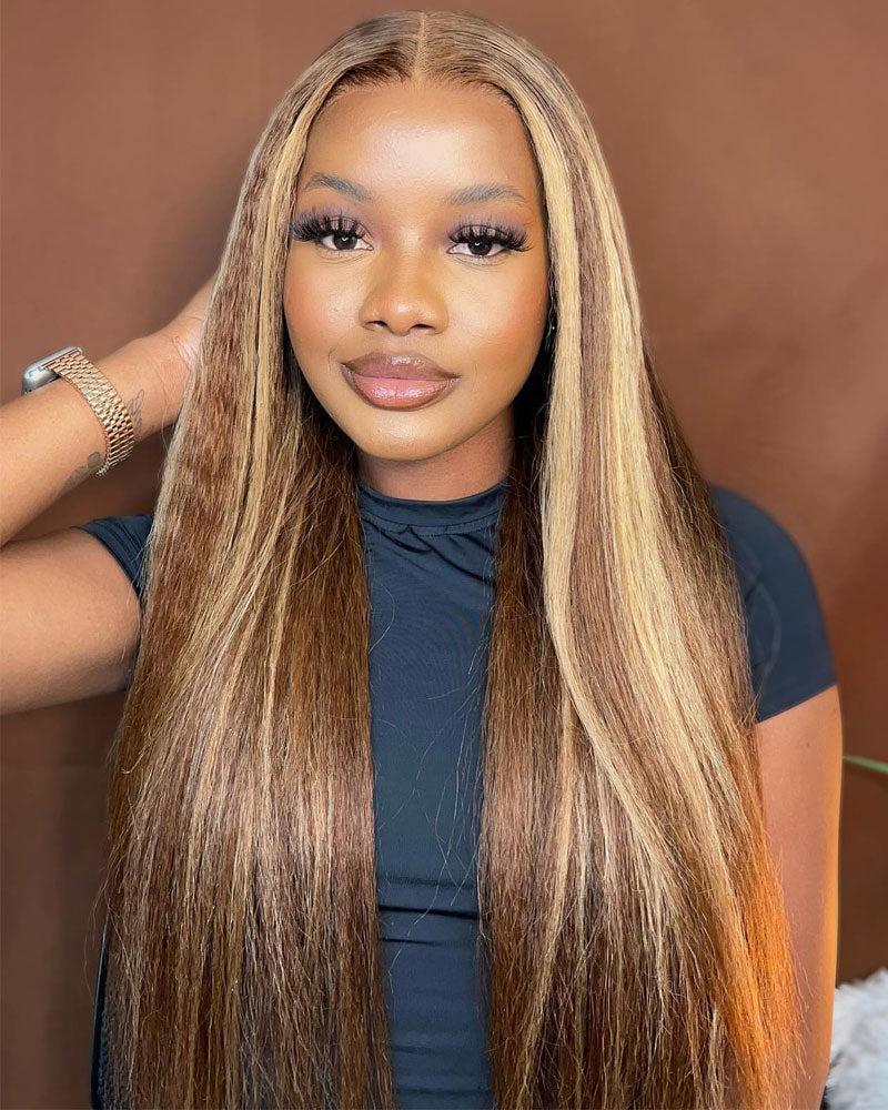 Kinky Straight #4/27 Honey Blonde Highlight Wig 13x6 HD Transparent  Lace Front Wig Human Hair-Alididihair