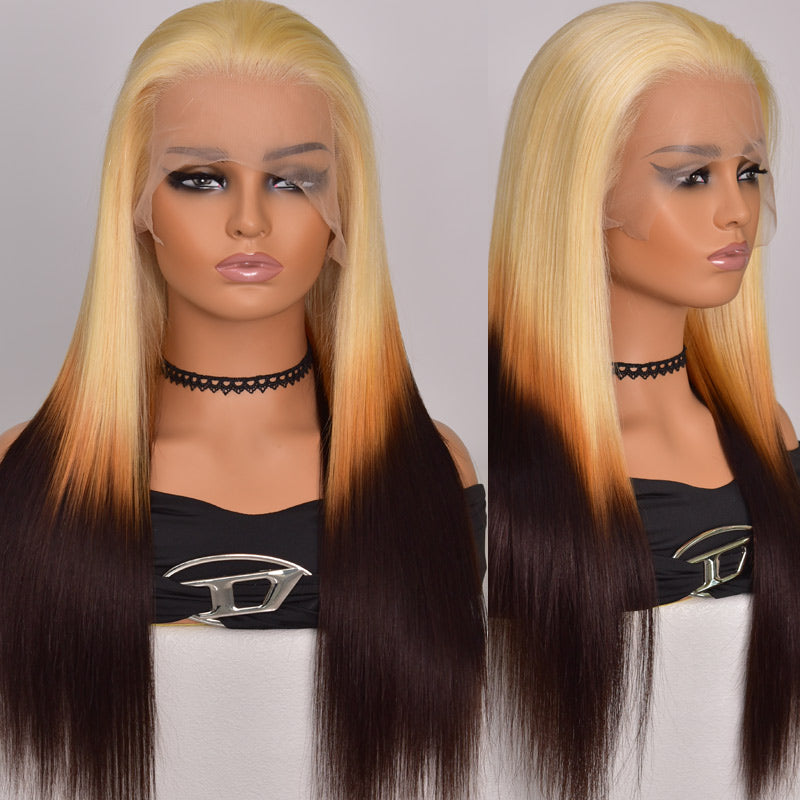Luxury Bouncy Curly/Straight 613 Blonde Ombre Chocolate Wig 13x4 HD Lace Frontal Pre Plucked Blonde Human Hair Wigs