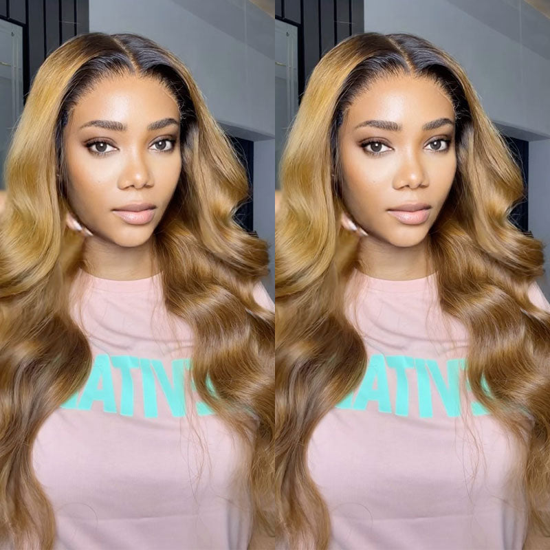 Luxury Wig Dark Roots With Blonde Body Wave Hd Transparent Lace Frontal Wig 100% Human Hair Wig-Alididihair