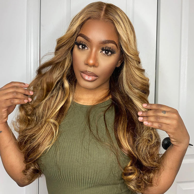 Clearance Sale:Body Wave Honey Blonde Highlight Ombre Middle Part Lace Front Wigs Pre Plucked with Baby Hair