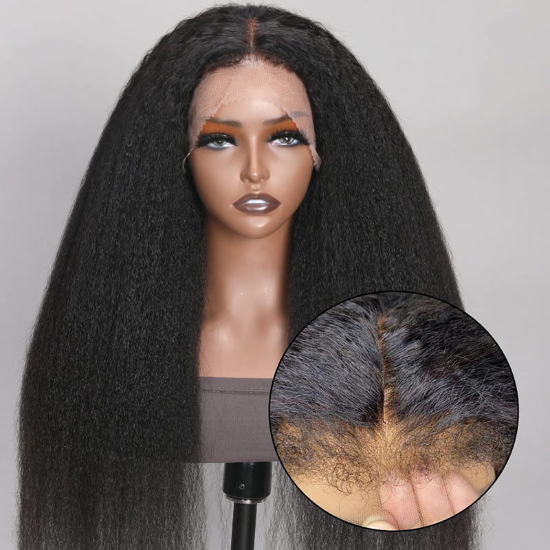 Natural 4C Edges Kinky Straight 13x4 Transparent Lace Front Wig With 4C Hairline Kinky Edges-AlididiHair