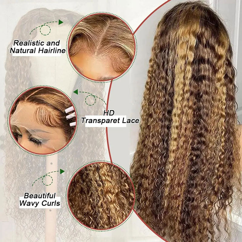 Alididi Water Wave #4/27 Honey Blonde Highlight Wig 13x4 HD Transparent Lace Frontal Wig Pre Plucked Real Human Hair Wig