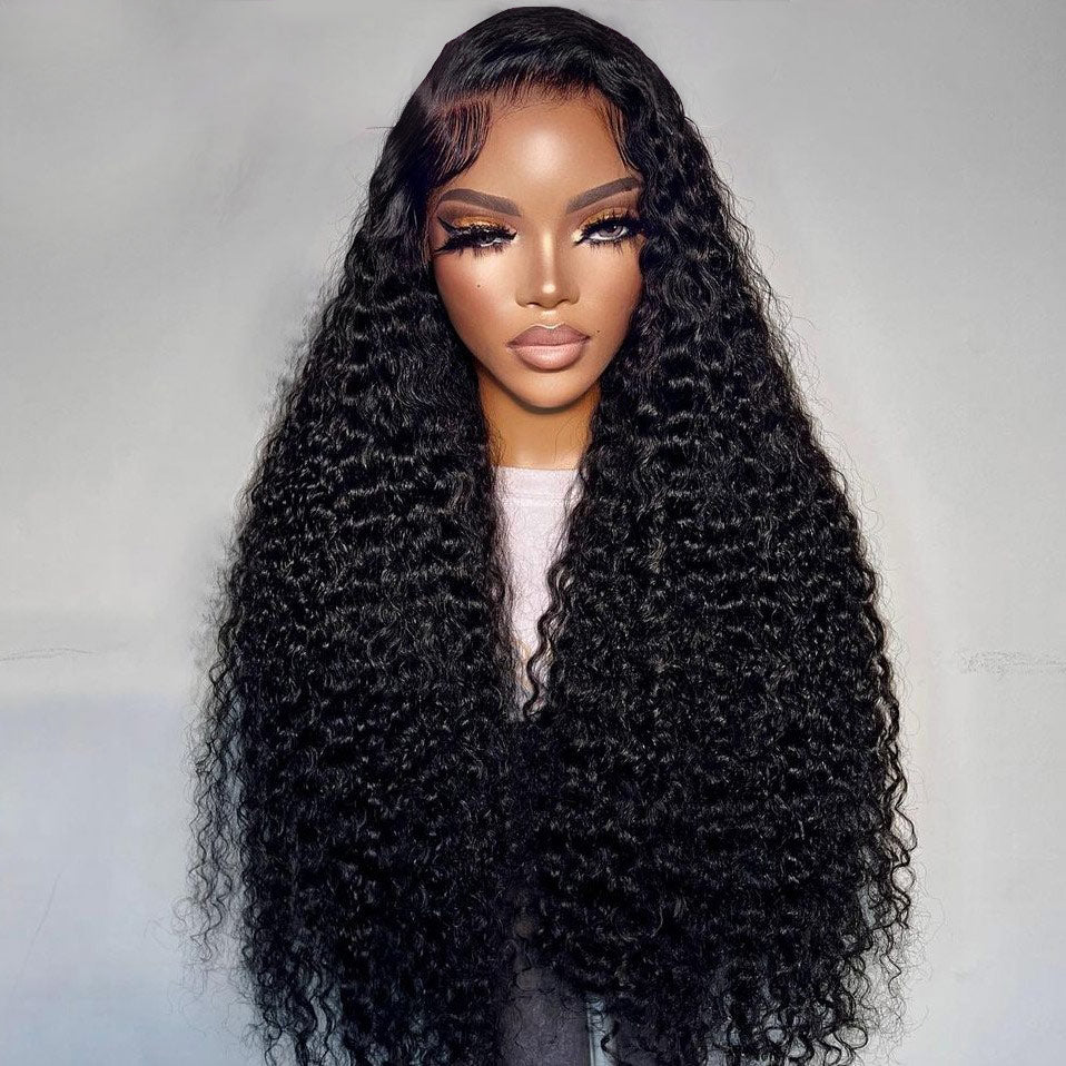 Natural Black Wig Long Curly Hair 13x4 Transparent Lace Frontal Wig Pre Plucke Real Human Hair-Alididi