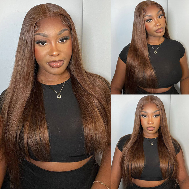 {Super Deal} #4 Chestnut Long Straight Hair 13x4 HD Transparent Lace Frontal Wigs Pre Plucked-Alididihair