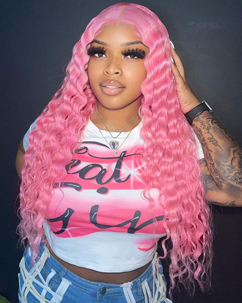 Deep Wave 13x4 HD Lace Frontal Wig Pre Plucked Natural Hairline Pink Human Hair Wig-Alididihair