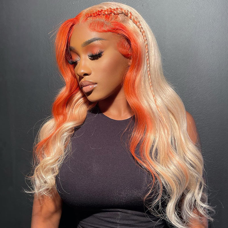 Ginger Orange Color Skunk Stripe Wig 613 Blonde 13x4 HD Transparents Lace Frontal Wig-Alididihair