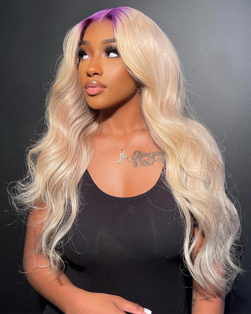 Purple Root 13x4 HD Transparent Lace Front Wig Gold Blonde Body Wave Wig Pre Plucked Real Human Hair-Alididihair