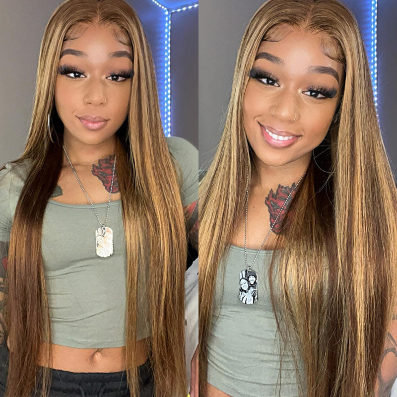 Highlight Ombre 4x4/13x4 HD Transparent Lace Front Wig 4/27 Honey Blonde Straight human Hair Wig-Alididihair