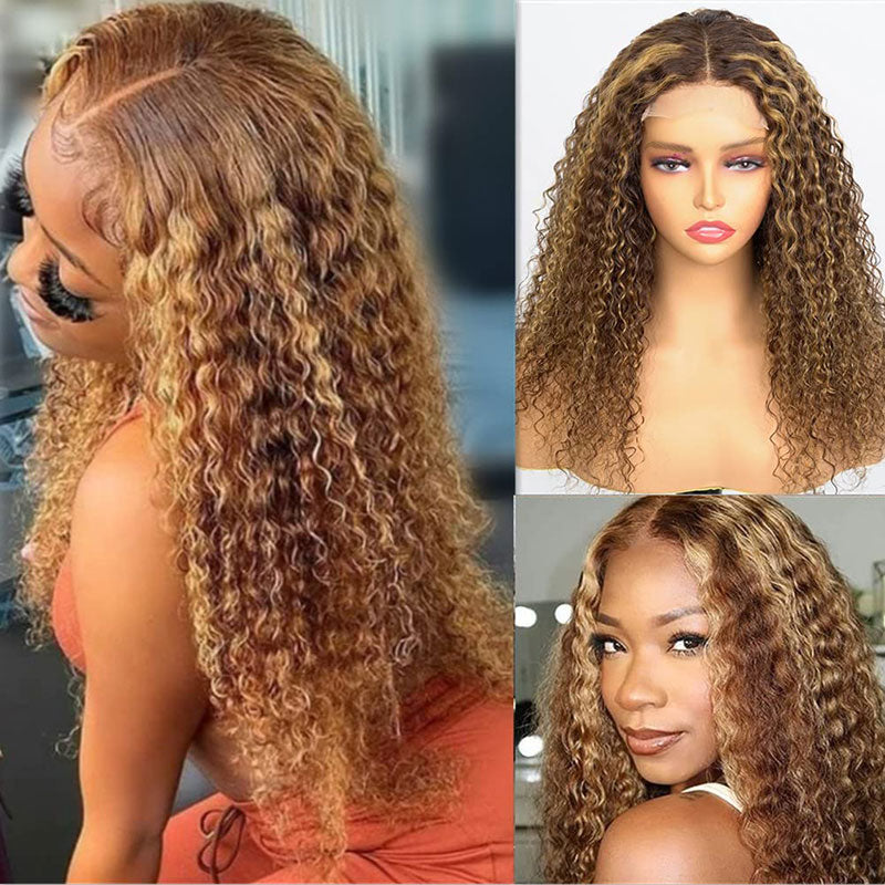 {Super Deal} 180% Density 13x4 Curly Honey Blonde Highlight Lace Front Wig-Alididihair